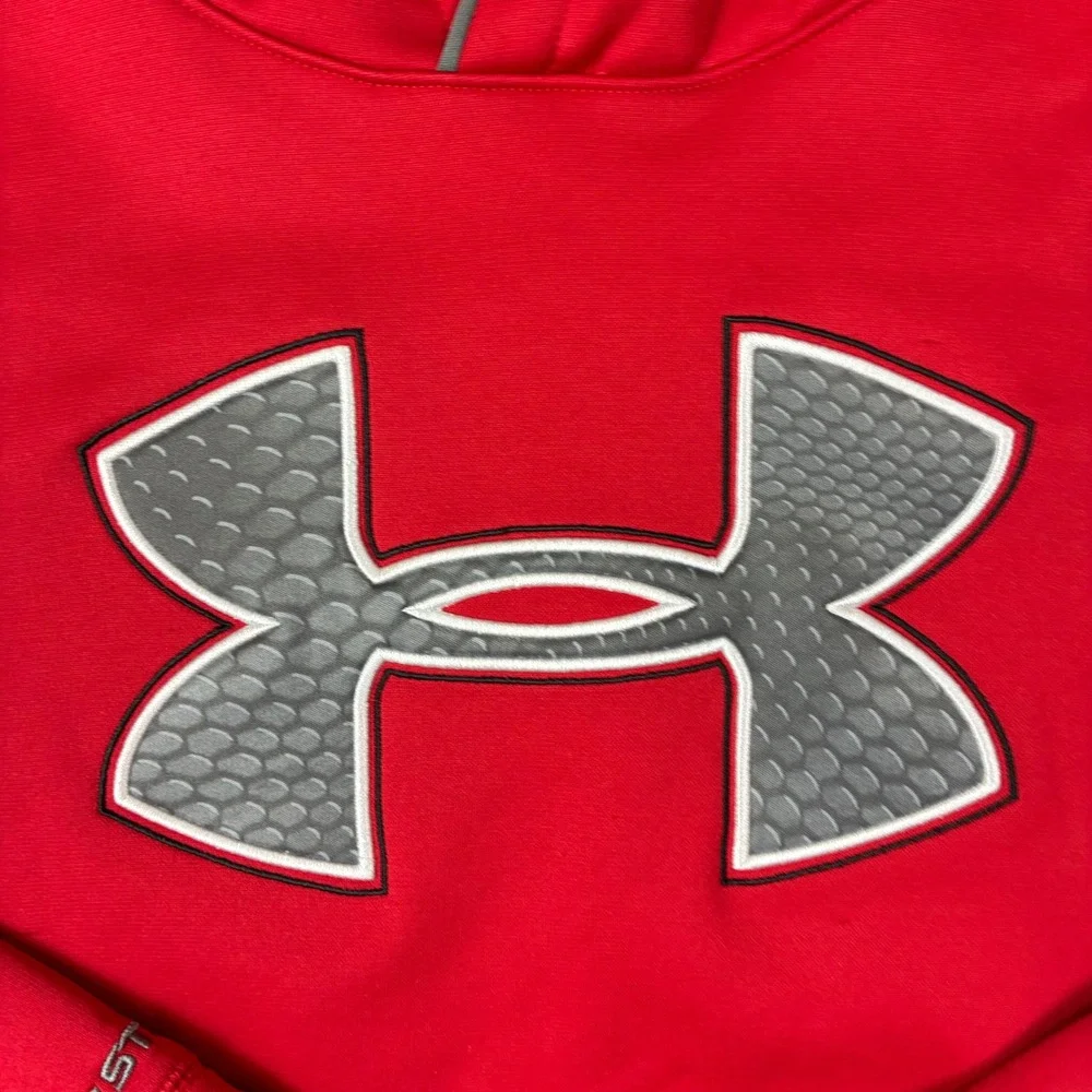 Under Armour Storm Hoodie Mens‎ Size Large Red Grey Big Logo Fleece Sweatshirt